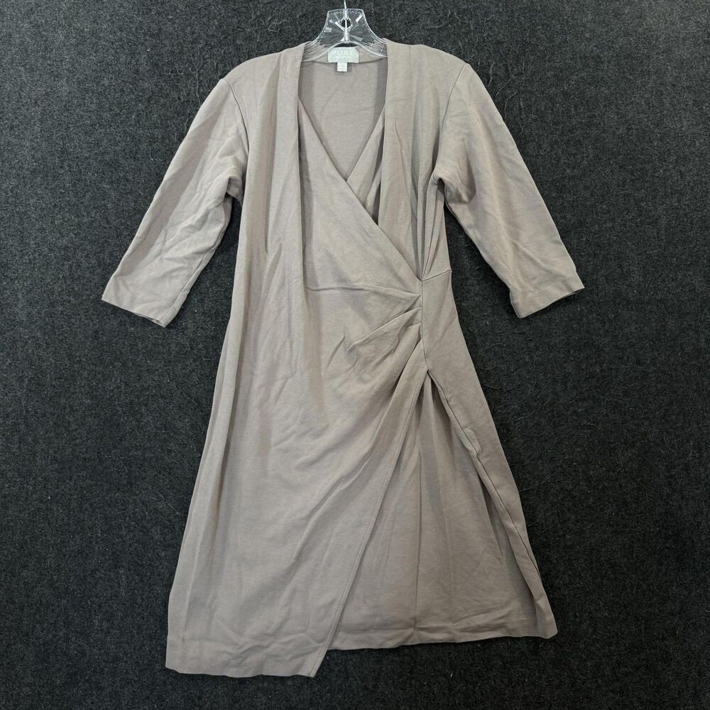 PURE Collection Dress Women's 12 Taupe Wrap Ruched 3/4 Sleeve Knee Workwear